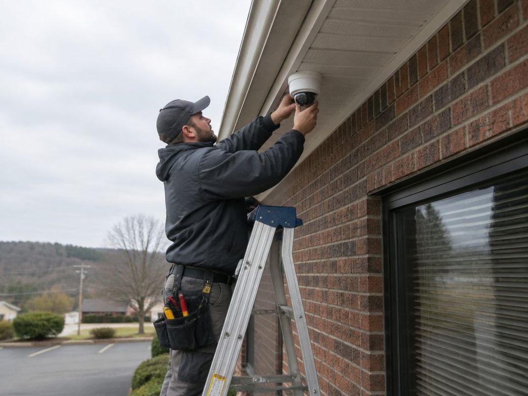 Technician mounting a dome security camera under the eave of a brick building